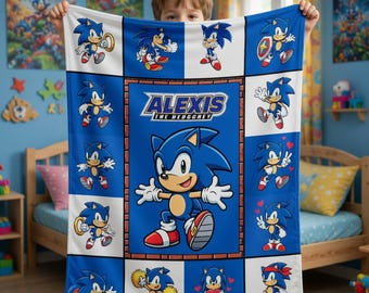 Gepersonaliseerde sonische fleecedeken, aangepaste naam blauwe plaid, beddengoed voor videogames voor kinderen