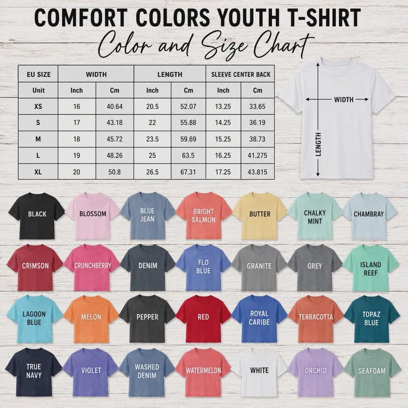 May include: A Comfort Colors youth t-shirt colour and size chart featuring a table with width, length, and sleeve measurements in inches and centimetres for sizes XS to XL, alongside a white t-shirt diagram and thirty-five colour swatches.