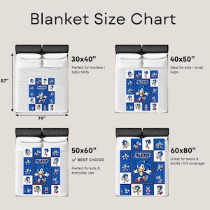 May include: A blanket size chart displaying four bed sizes with dimensions 30x40 inches, 40x50 inches, 50x60 inches, and 60x80 inches. Each bed features a blue and white Sonic the Hedgehog patterned blanket with the name Alexis printed in the center.