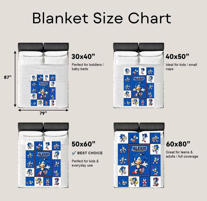 May include: A blanket size chart displaying four bed sizes with dimensions 30x40 inches, 40x50 inches, 50x60 inches, and 60x80 inches. Each bed features a blue and white Sonic the Hedgehog patterned blanket with the name Alexis printed in the center.