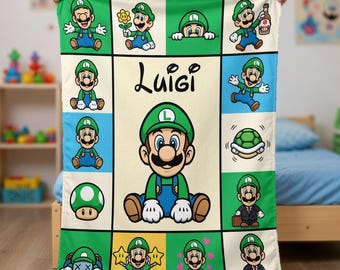 Personalized Luigi Super Mario Kids Blanket – Custom Name Soft Fleece Gamer Gift
