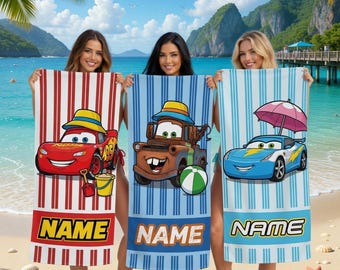 Serviette de plage personnalisée Cars, serviette Lightning McQueen Mater avec nom personnalisé, serviette de piscine pour enfants