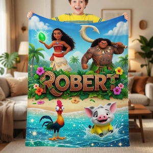 May include: A rectangular fleece blanket featuring a colorful Moana-themed graphic with the characters Moana, Maui, Heihei, and Pua. The name ROBERT is printed in large, stylized brown letters in the center, surrounded by tropical flowers and palm trees.