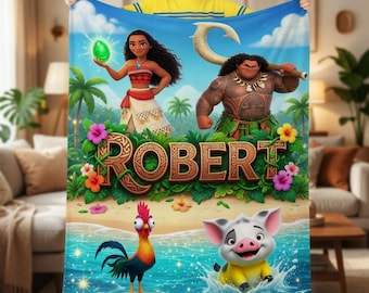 Couverture Moana personnalisée, jeté en polaire pour enfants Disney avec prénom personnalisé, cadeau d'anniversaire pour garçon et fille