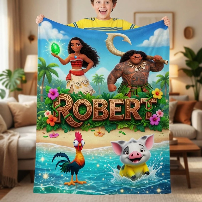 May include: A rectangular fleece blanket featuring a colorful Moana-themed graphic with the characters Moana, Maui, Heihei, and Pua. The name ROBERT is printed in large, stylized brown letters in the center, surrounded by tropical flowers and palm trees.