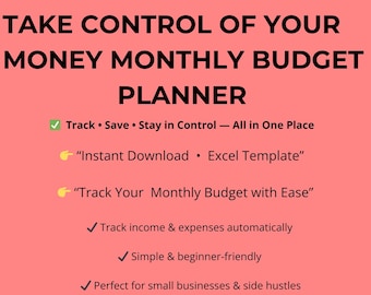 Monthly Budget Planner Spreadsheet, Income Expense Tracker (Digital Download)