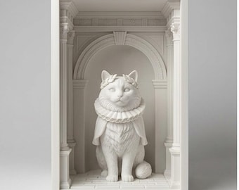 Estantería renacentista con diseño de gato birmano — Diorama de estantería de PLA blanco impreso en 3D (10x10x15cm)