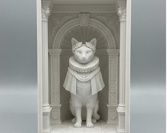 Diorama de estante de livros em PLA branco impresso em 3D com gato siamês (10x10x15cm)