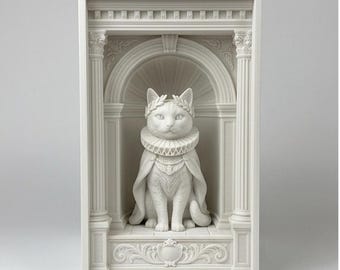 Amerikanisch Kurzhaar Katze Renaissance Bücherecke - 3D Gedrucktes weißes PLA Bücherregal Diorama (10x10x15cm)