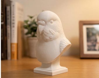 Grasparkiet papegaai renaissance buste: 3D-geprint wit PLA minibeeldje (8-10 cm)