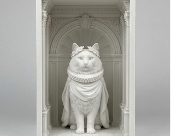 Diorama di libreria rinascimentale con gatto delle foreste norvegesi in PLA bianco stampato in 3D (10x10x15 cm)