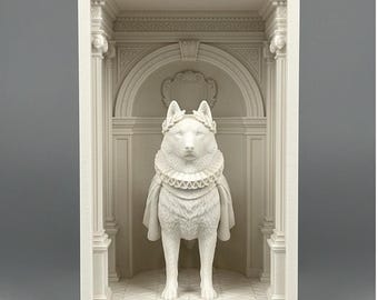 Diorama a forma di libreria rinascimentale con cane Siberian Husky (10x10x15 cm) stampato in 3D in PLA bianco.