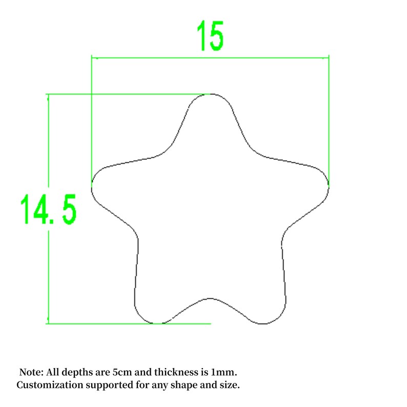 May include: A star-shaped outline with dimensions labeled in green. The width is 15 units, and the height is 14.5 units. The text indicates all depths are 5cm and thickness is 1mm. Customization is supported for any shape and size.