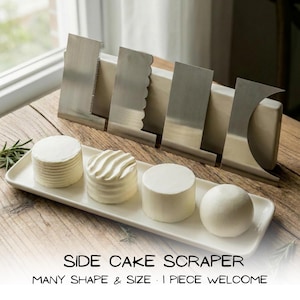 May include: Stainless steel side cake scrapers with various edge designs, displayed with frosted mini cakes on a white rectangular plate. The image includes text that reads "SIDE CAKE SCRAPER" and "MANY SHAPE & SIZE".