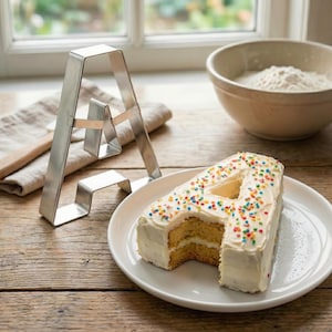 May include: A cake shaped like the letter "A" on a white plate, decorated with white frosting and colorful sprinkles. A metal letter "A" cookie cutter stands next to the cake. A bowl of flour is in the background.