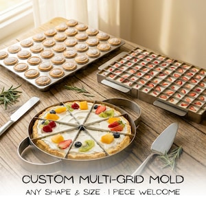 Puede incluir: Un conjunto de utensilios de cocina de metal que incluye un molde para mini muffins, un divisor de rejilla rectangular y un cortador de pasteles redondo con una tarta de frutas. El texto dice: CUSTOM MULTI-GRID MOLD ANY SHAPE & SIZE · 1 PIECE WELCOME.