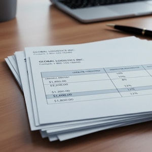 Puede incluir: Una pila de documentos comerciales blancos con el texto "GLOBAL LOGISTICS INC." y tablas financieras. Una computadora portátil y un bolígrafo se ven en una superficie de madera.