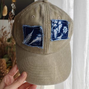 Cream Cotton Cap with Handmade Cyanotype Patch - Unique Handcrafted Piece - Customized Cap with Botanical Motif - Original Gift