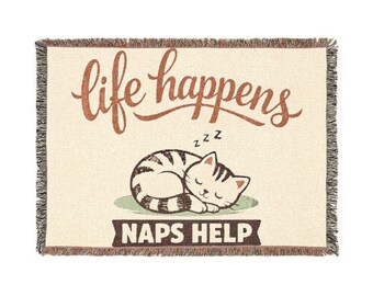 Life Happens Naps Help Woven Blanket | Sleeping Cat Throw Blanket