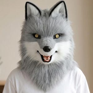 Disfraz realista de lobo gris de cabeza completa, hecho a mano, de animal peludo, para cosplay de Halloween.