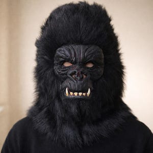 May include: A black gorilla mask with a realistic, textured face and white teeth. The mask is covered in black fur and has eye openings. The person wearing the mask is wearing a black top.