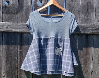 Striped Blue Gray Plaid Flannel Babydoll Tunic Top Women's Blouse Summer Tunic Shirt Furious Designs Size S/M Upcycled  Vintage One of Kind