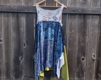 Upcycled Asymmetrical Handkerchief Hem Tank Dress Funky Hippie Swing Tank Dress Women's Size M/L Furious Designs Boho Blue Floral Velvet