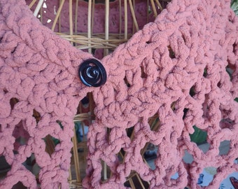 Crocheted Chenille Poncho Cover Up Pink Furious Designs Original Skirt Wrap Neck Gauntlet