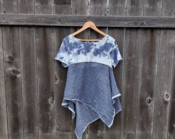 Upcycled Tunic Top Babydoll Shirt Asymmetrical Navy Blue Tie Dye Upcycled Women's Blouse Summer Shirt Handkerchief Hem Size Small