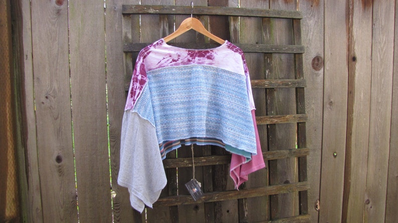 Upcycled Asymmetrical Lagenlook Boho Hippie Poncho Funky Romantic Cape Cover Up/Eco Sweater Shawl/Striped Tie Dye Patchwork Ponchos One Size image 2