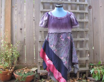 Purple Boho Butterfly Tunic Top Asymmetrical/ Funky Upcycled Eco Blouse/ Lagenlook Tattered Womens Babydoll Shirt S/M