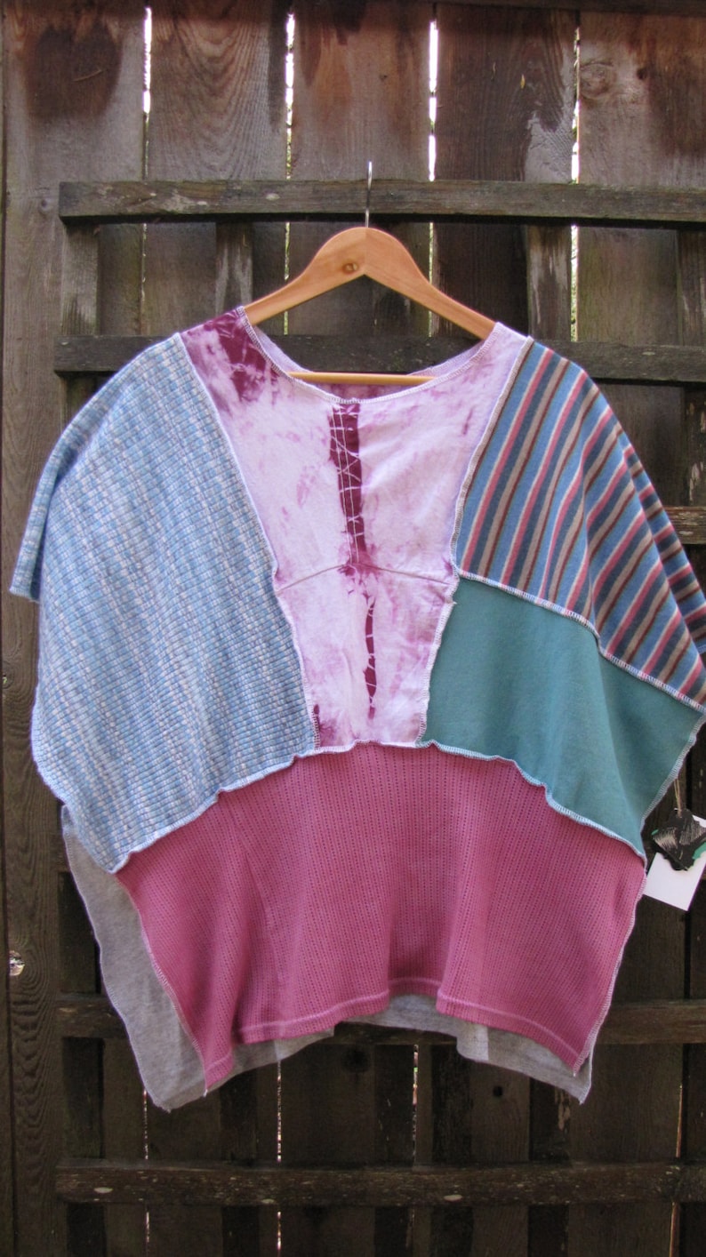 Upcycled Asymmetrical Lagenlook Boho Hippie Poncho Funky Romantic Cape Cover Up/Eco Sweater Shawl/Striped Tie Dye Patchwork Ponchos One Size image 4