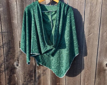 Hooded Forest Green Floral Poncho Pull Over Cover Up Furious Designs Hoodie Shawl Hippie Boho One Size Women's Handmade Sustainable Clothing