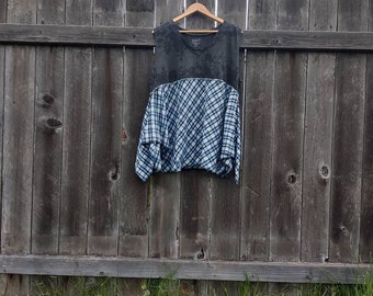 Plaid Flannel Babydoll Shirt Asymmetrical Tunic Top Blue White Upcycled Women's Blouse Summer Shirt Handkerchief Hem Tank Top Plus Size XXL