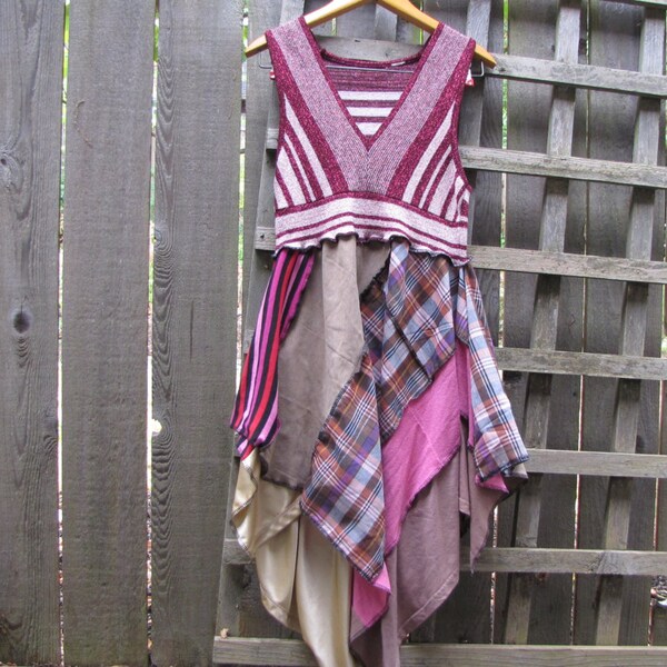 Rosa metalizado Plaid Pixie Tunic Top Lagenlook Upcycled/ Funky Asymmetrical Eco Blouse/ Hi Lo Womens Tops S/M