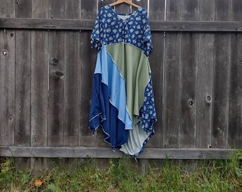 Plus Size Upcycled Asymmetrical Tunic Dress Hippie Babydoll Dress Handkerchief Hem Dress Size XXL 2X Blue Green Floral Boho Furious Designs