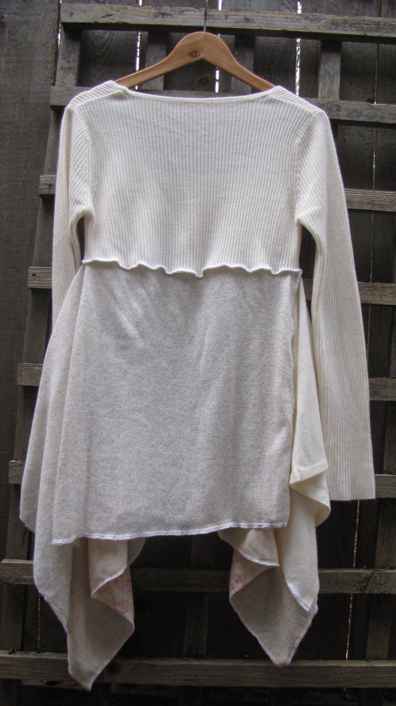 Upcycled Scoop Neck Lagenlook Tunic Shirt Romantic White Gold Rose Asymmetrical Eco Sweater Blouse Hi Lo Handkerchief Hem Womens Tops S