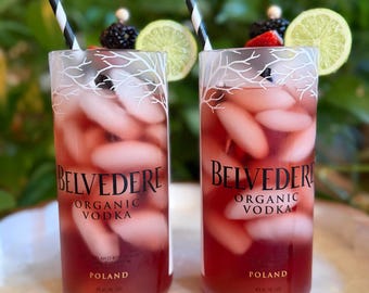 Set Of Two Drink Glasses/Bar Glasses Made From Upcylcled/Recycled Belvedere Vodka Bottles.