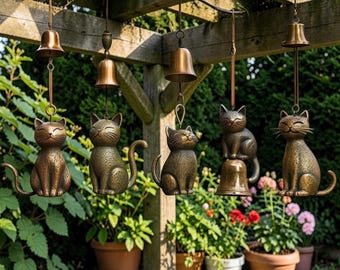 Vindklocka i brons för katt, söt trädgårdsklocka för katt, verandaklocka för uteplats, lyckokatt för heminredning, unik present till kattälskare