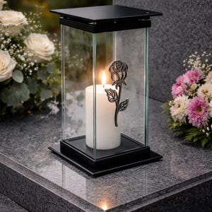 Glass candle / lantern / elegant, minimalist / black, with a rose, for a cemetery, grave