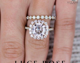 Cushion Cut Halo Diamond Engagement Ring Set, Sterling Silver Eternity Wedding Band