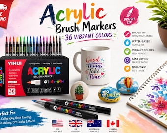36 Acrylic Brush Markers Set | Water-Based Paint Pens | Fine Brush Tip for Rock Painting, Canvas, Wood, Glass, DIY Crafts & Calligraphy