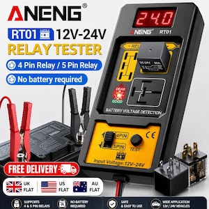 May include: An ANENG RT01 relay tester for 12V-24V systems, featuring a black and yellow housing with a digital display showing 24.0. The device includes a 4-pin and 5-pin selector switch, a test button, and red and black alligator clips for battery connection.