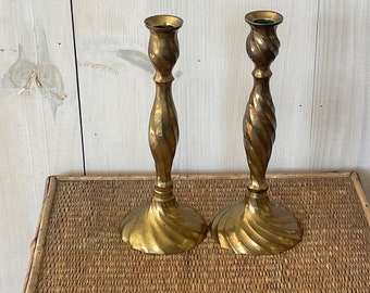 brass candlestick holders, pair of brass candlesticks, brass taper holders, vintage candlesticks, Hollywood Regency, hostess gift, old brass