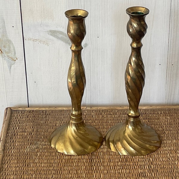 brass candlestick holders, pair of brass candlesticks, brass taper holders, vintage candlesticks, Hollywood Regency, hostess gift, old brass