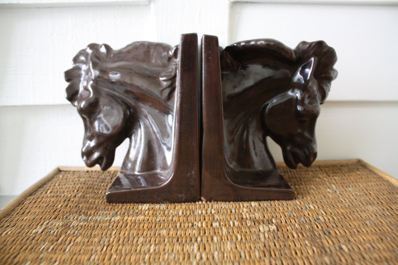 Vintage Horsehead Bookends, Ceramic Bookends, Hollywood Regency