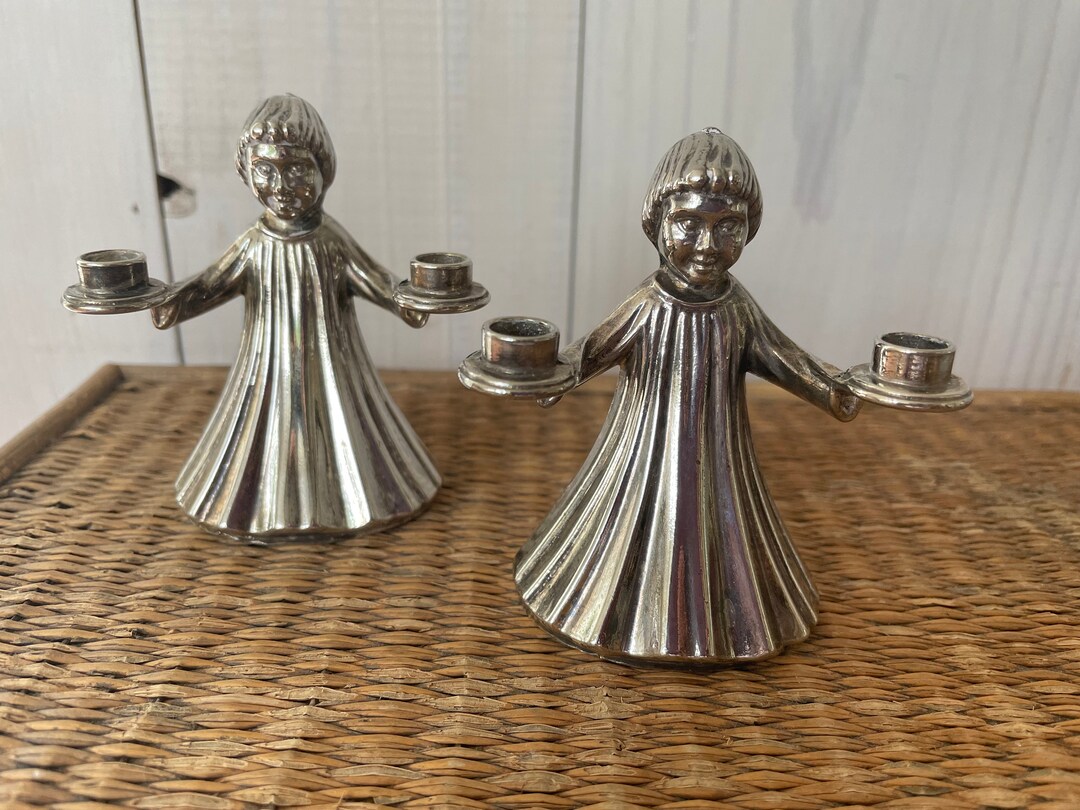 Italian Silver Angel Candle Holders, Two Italian Angels, Silver Candle