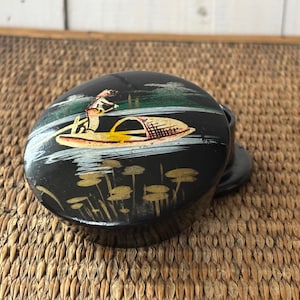 Vintage Japanese Black Lacquer Jewelry Box, River Lily Pad Scene