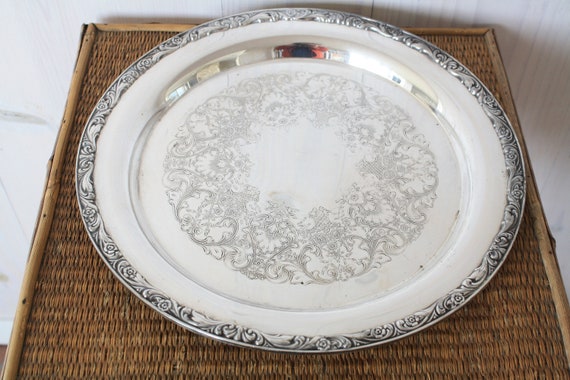 Large Round Silver Tray Serving Vintage Tail Mid Century