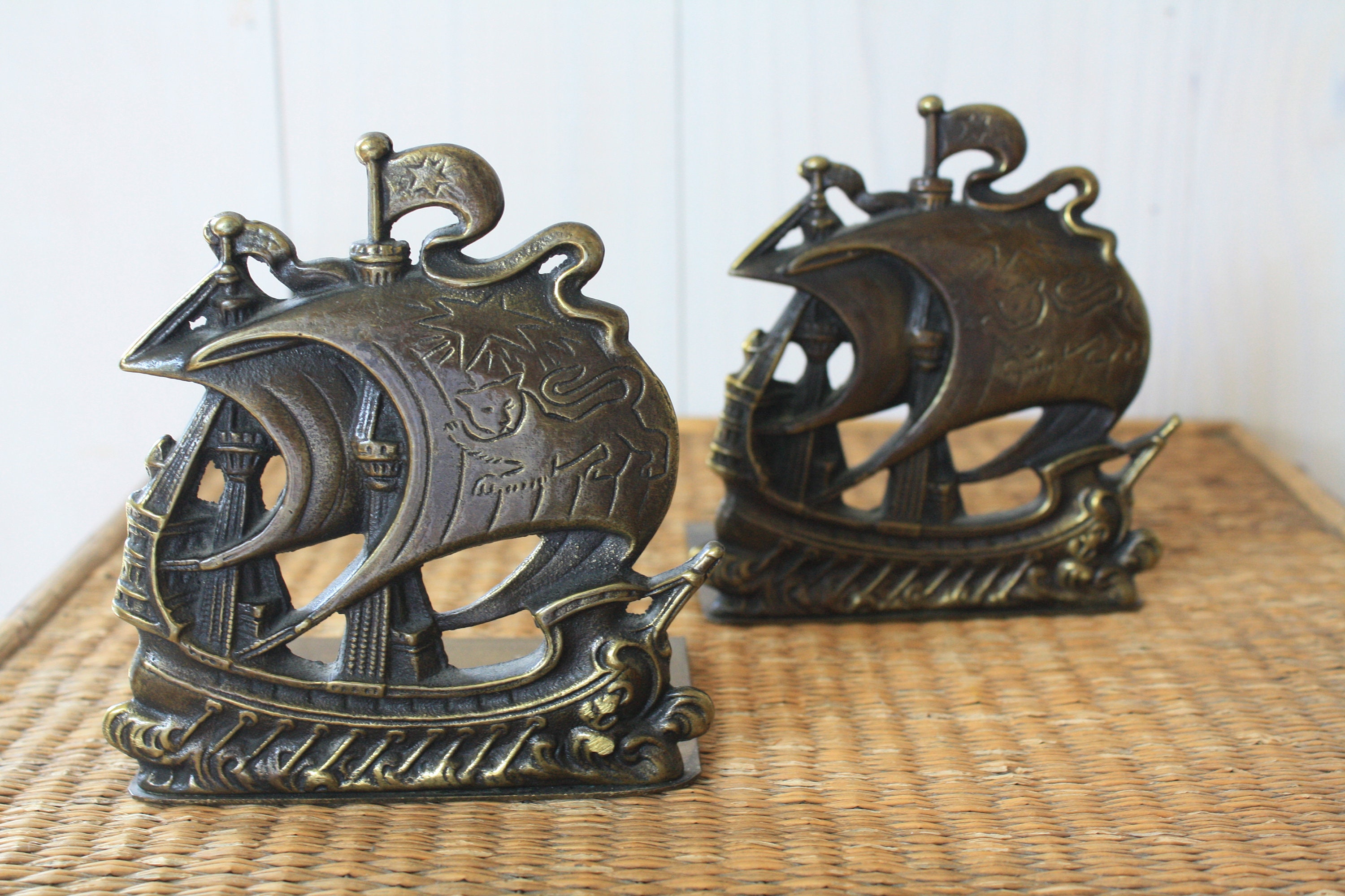 Vintage brass tall ship bookends vintage bookends brass ship Etsy